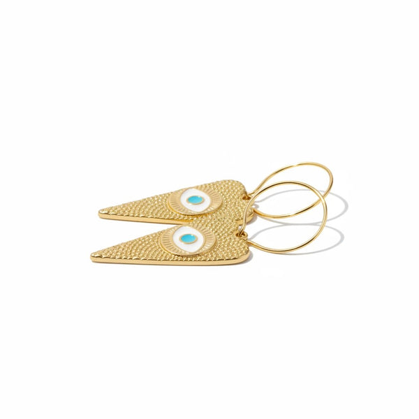elephantina.gr 24K gold-plated brass hoop earrings with textured heart charms and blue evil eye enamel detail