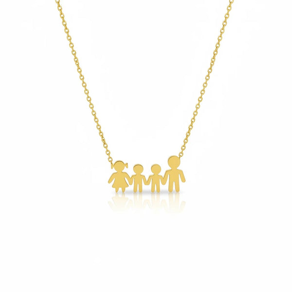 elephantina.gr gold-plated stainless steel necklace with four family figures: mom, dad, and two children. 40cm + 5cm extension.