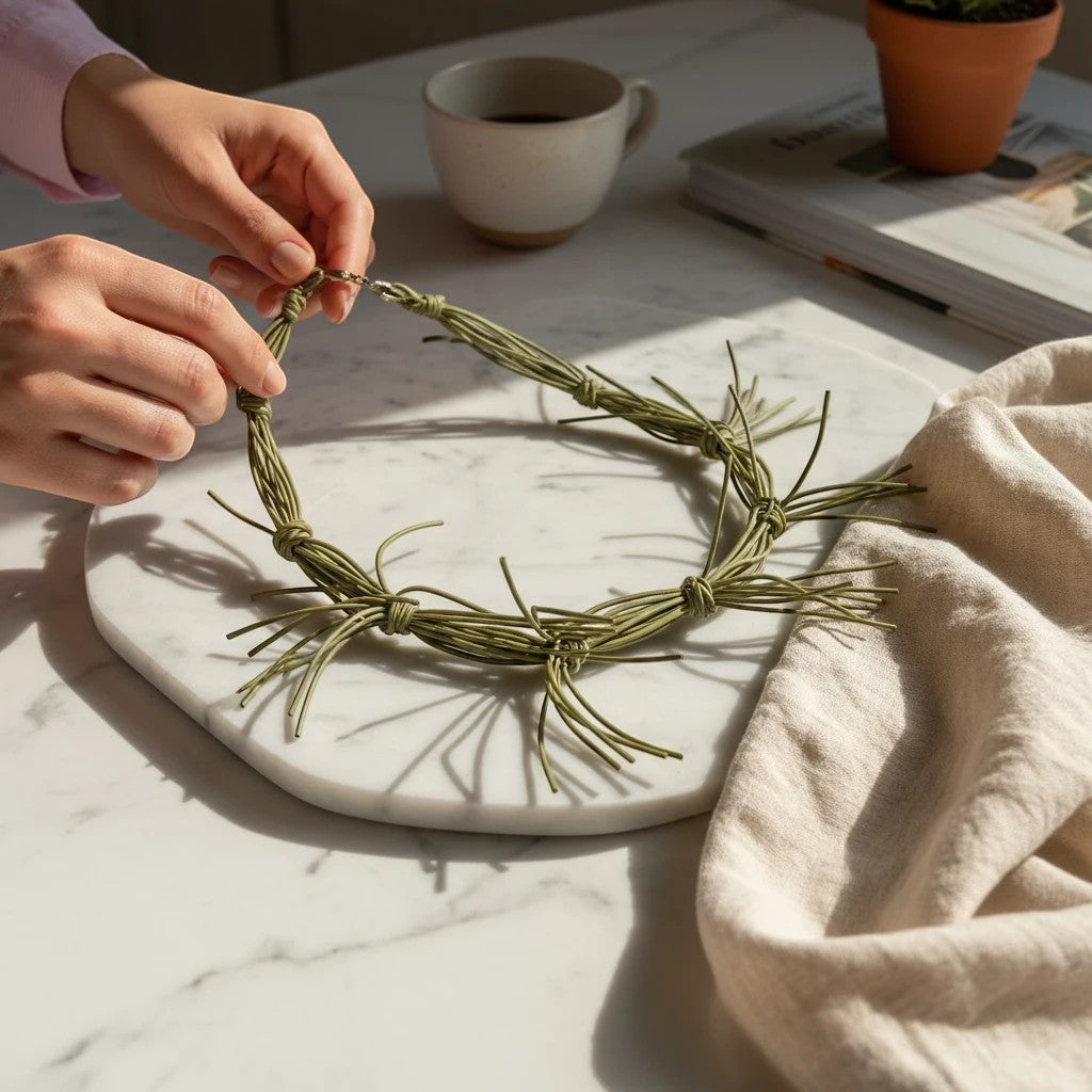 Elephantina.gr handmade long olive green necklace with tassels, boho style, rubber material, 98cm length.