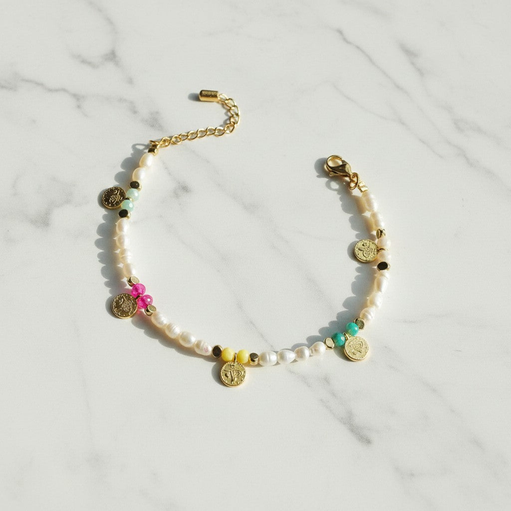 elephantina.gr anklet with freshwater pearls, gold coins, and colorful beads. 24K gold plated.