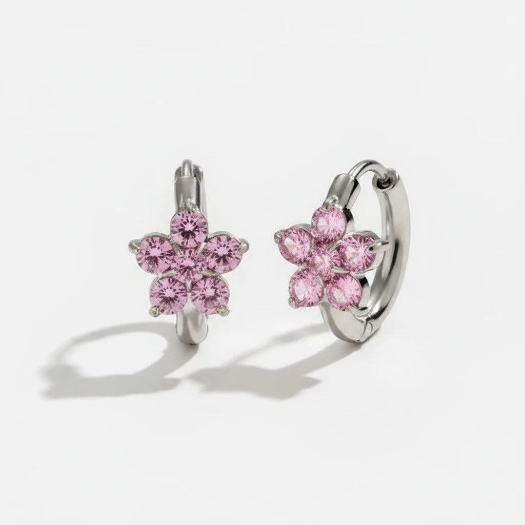 elephantina.gr silver stainless steel hoop earrings with pink zircon flower design