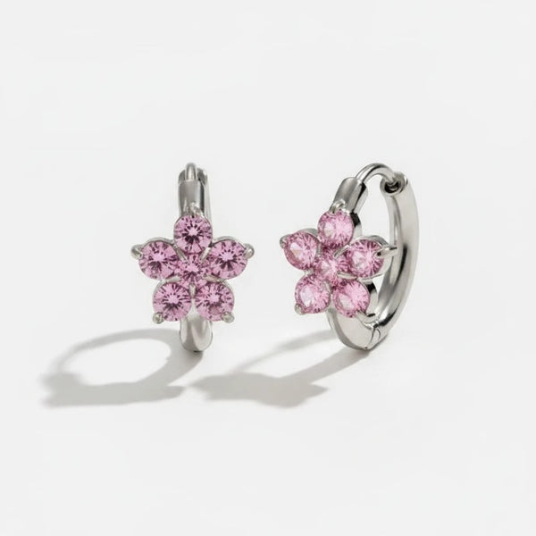 elephantina.gr silver stainless steel hoop earrings with pink zircon flower design