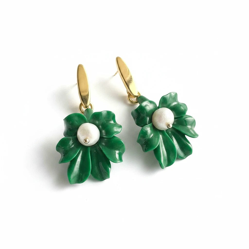 elephantina.gr green acrylic lotus flower drop earrings with cultured pearl and 24k gold-plated brass hardware