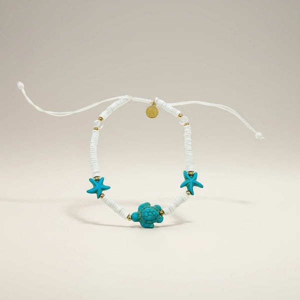 elephantina.gr white disc bead anklet with turquoise turtle and starfish charms, adjustable tie closure