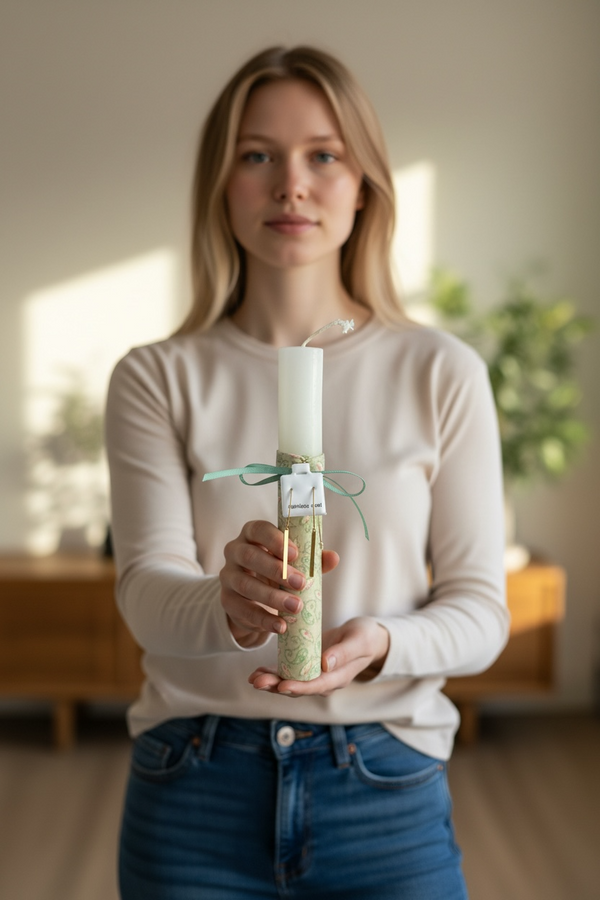 Λαμπάδα Πάσχα με Μακριά Χρυσά Σκουλαρίκια – Λευκή Λαμπάδα με Πράσινο Ύφασμα & Φιόγκο