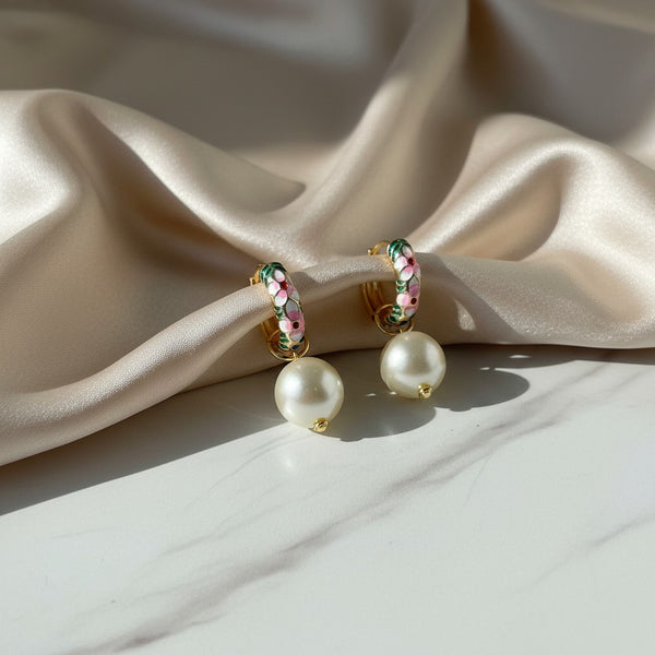 elephantina.gr pink cloisonné hoop earrings with floral design and large pearl beads