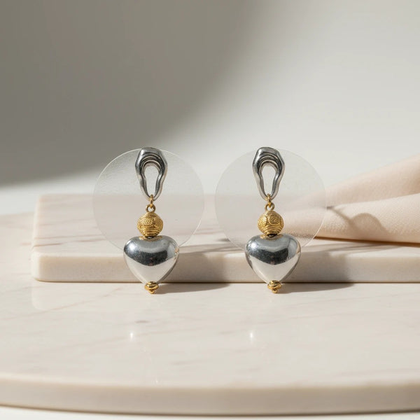 elephantina.gr silver-tone heart dangle earrings with gold accent beads and translucent discs