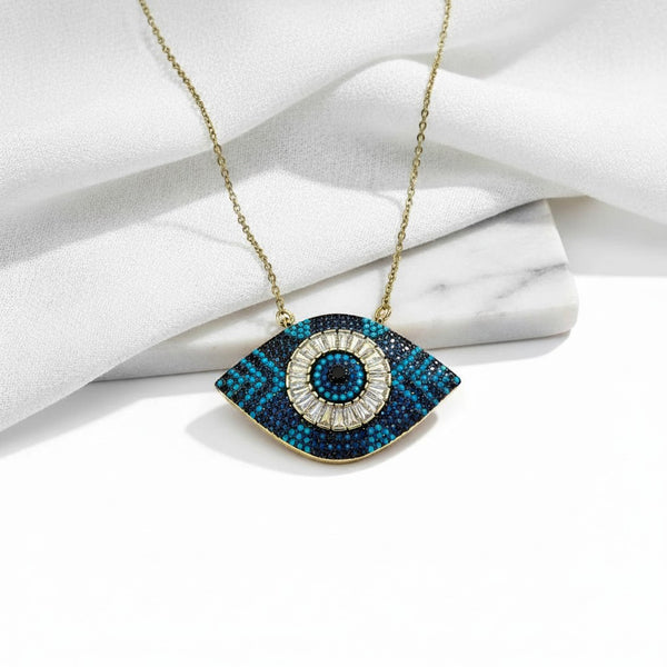 Elephantina.gr steel evil eye necklace with blue and black zircon, 40+5cm extension.