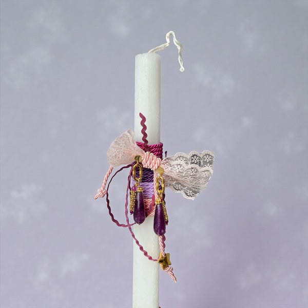 Πασχαλινή Λαμπάδα με Δαντέλα & Μωβ Σκουλαρίκια Σταγόνες Αχάτη