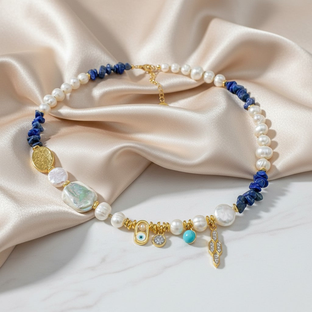 Elephantina.gr statement necklace with pearls, lapis lazuli, and gold charms. Features turquoise, white, and gold colors with evil eye and geometric motifs.