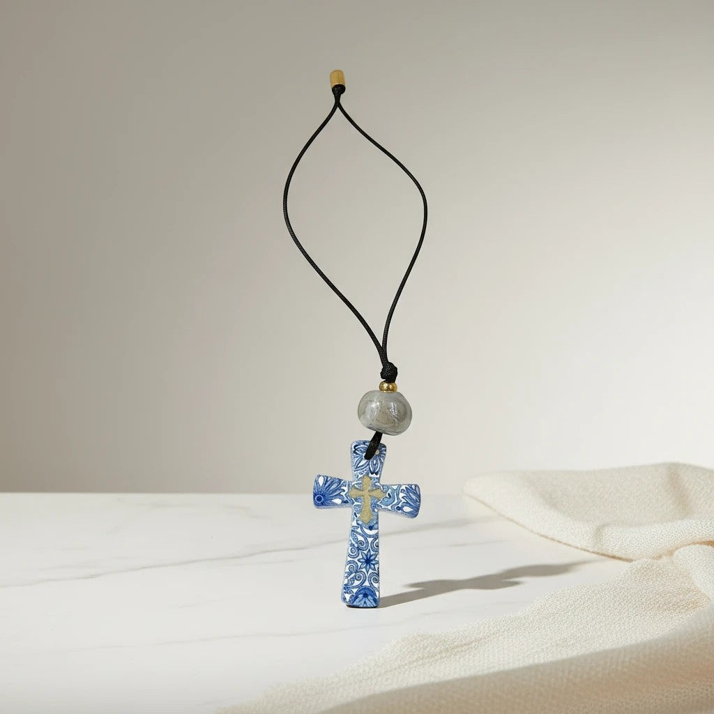 elephantina.gr blue and white floral ceramic cross pendant necklace with gold accent and grey bead on black cord