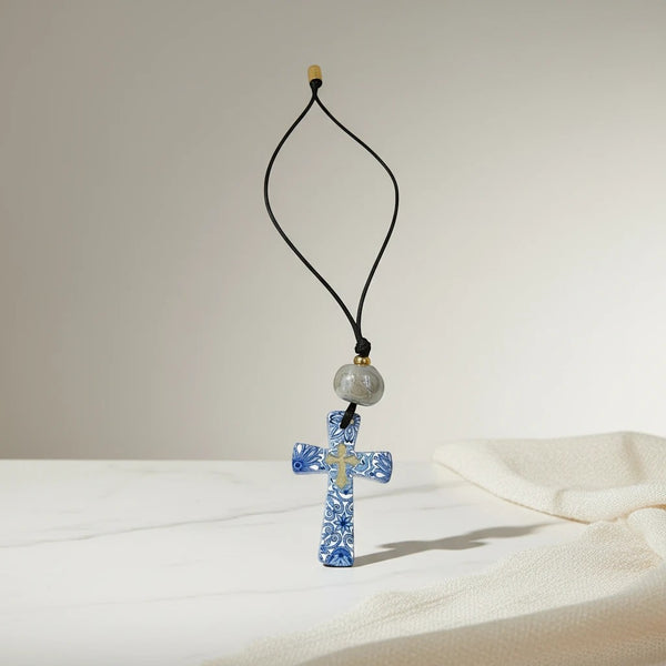 elephantina.gr blue and white floral ceramic cross pendant necklace with gold accent and grey bead on black cord
