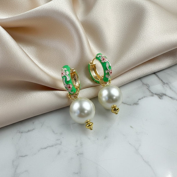 elephantina.gr green cloisonné floral hoop earrings with pearl beads, 4cm