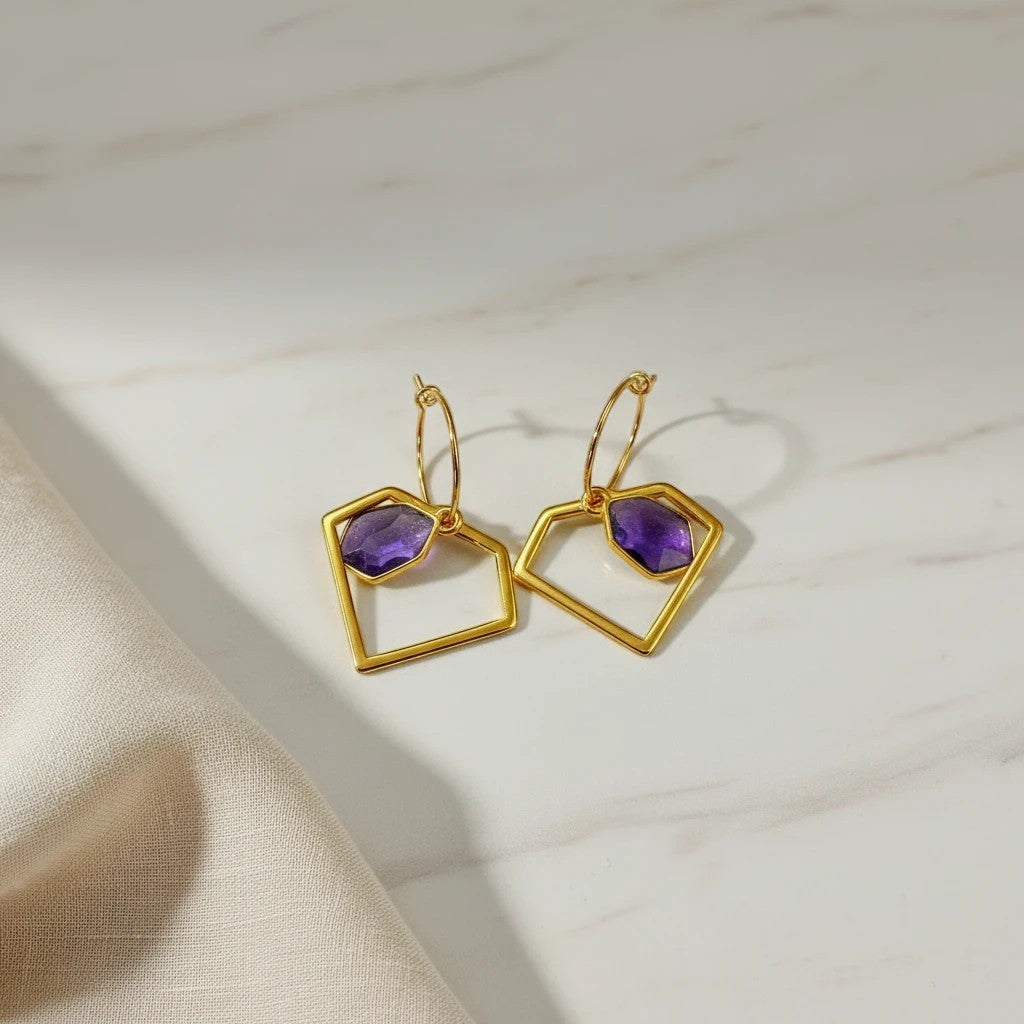 elephantina.gr gold hoop earrings with geometric design and purple enamel accents, 3cm length
