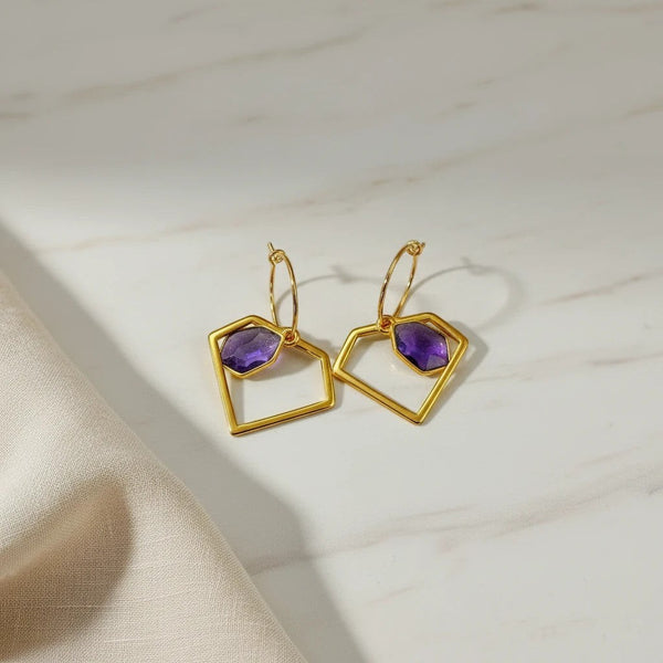 elephantina.gr gold hoop earrings with geometric design and purple enamel accents, 3cm length