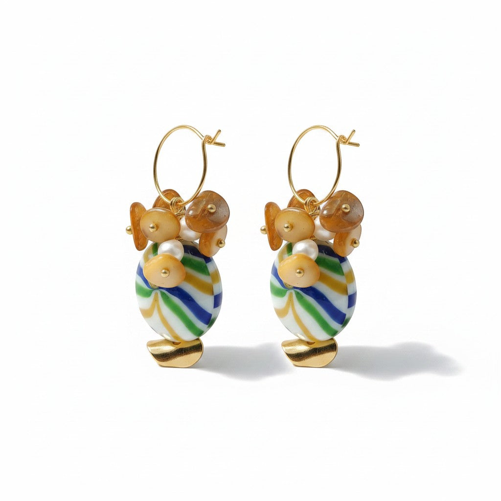 elephantina.gr multiball hoop earrings with colorful Murano glass, pearls, and semi-precious stones.
