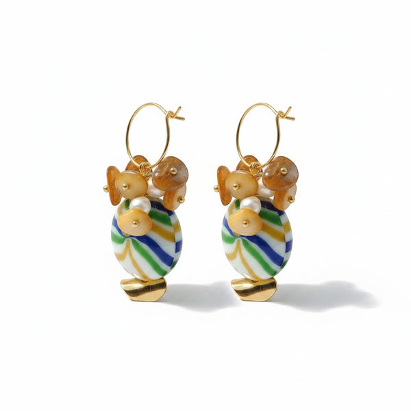 elephantina.gr multiball hoop earrings with colorful Murano glass, pearls, and semi-precious stones.