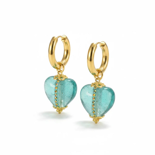 elephantina.gr gold hoop earrings with turquoise Murano glass heart charms and rhinestone accents, 6cm length.