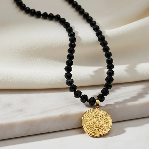elephantina.gr gold plated 24K Arabic motif pendant necklace with black crystals, 45cm chain