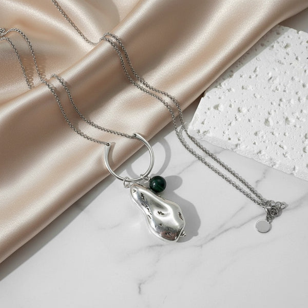 Elephantina.gr handmade silver-plated steel chain necklace with abstract pendant and black bead.