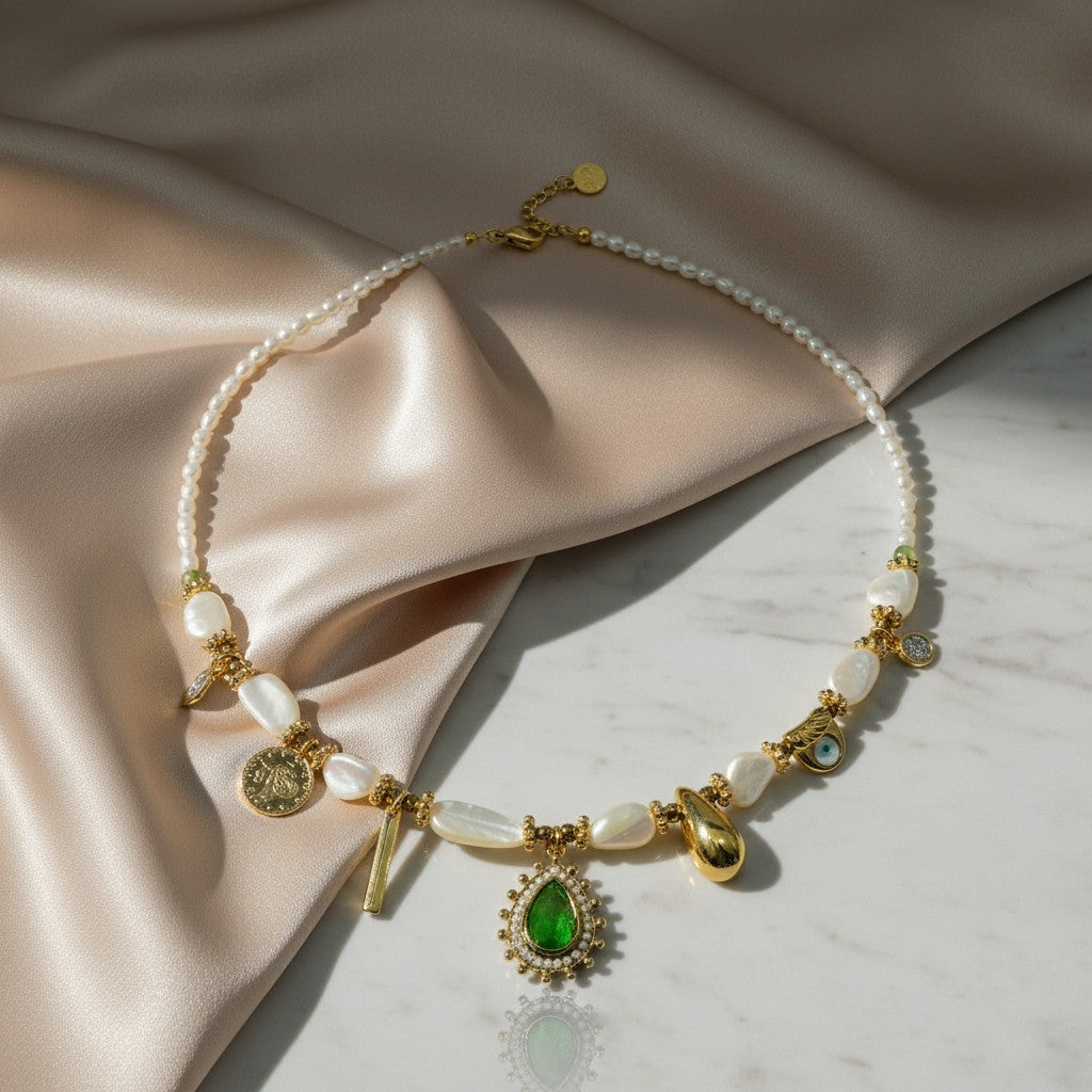 elephantina.gr gold necklace with pearls, green oval stone, coin, evil eye, and drop charms