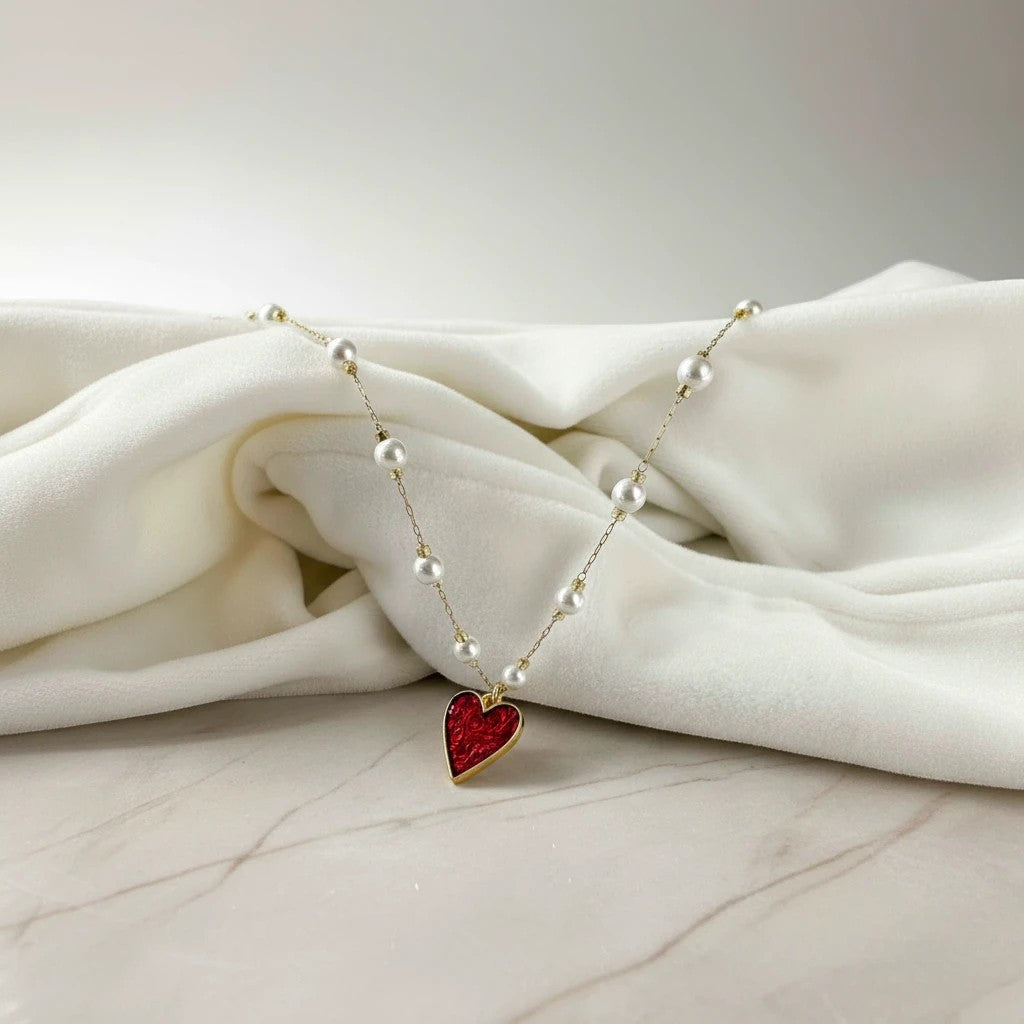 elephantina.gr gold chain rosary necklace with white pearls and a red enamel heart pendant