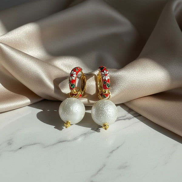 Elephantina.gr red cloisonné hoop earrings with floral design and pearl beads. 4cm.