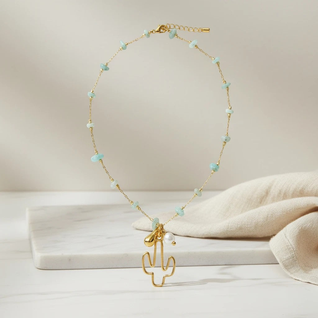 elephantina.gr gold cactus necklace with light blue jade beads and pearl accent, 40cm + 5cm extension
