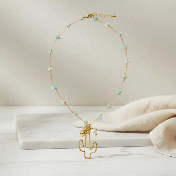 elephantina.gr gold cactus necklace with light blue jade beads and pearl accent, 40cm + 5cm extension