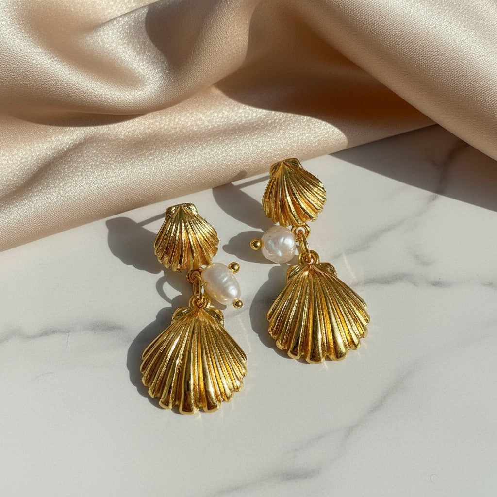 elephantina.gr gold seashell drop earrings with white pearls, titanium posts, 1.5x3cm