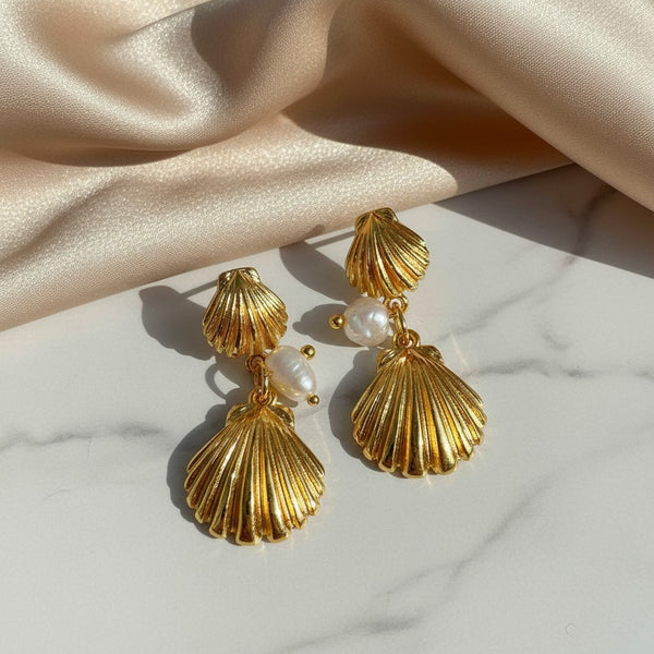 elephantina.gr gold seashell drop earrings with white pearls, titanium posts, 1.5x3cm