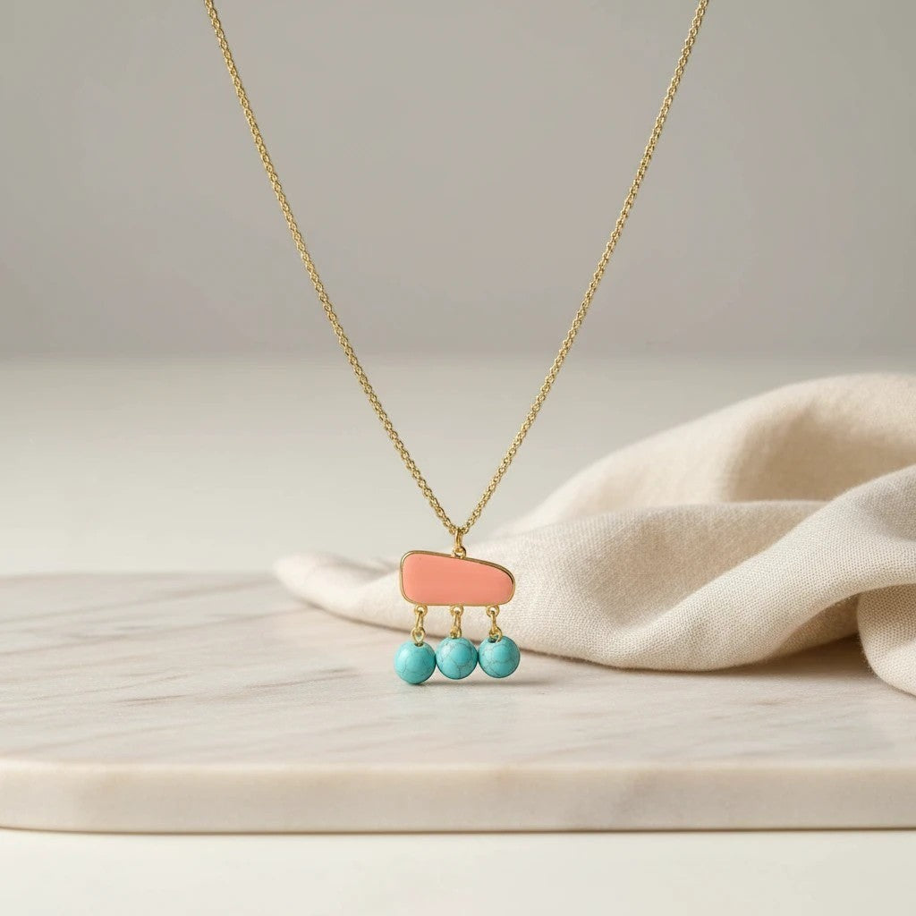 Elephantina.gr gold-plated brass necklace with peach enamel and turquoise stones, 40cm + 5cm extension.