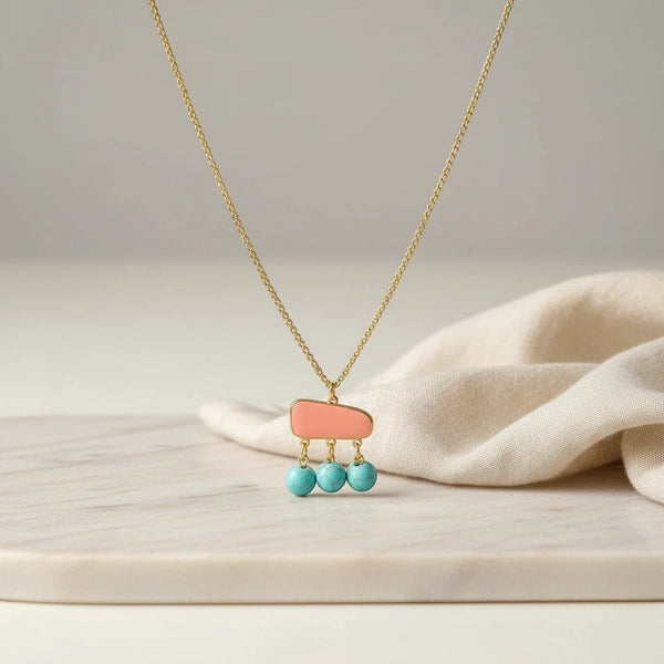 Elephantina.gr gold-plated brass necklace with peach enamel and turquoise stones, 40cm + 5cm extension.