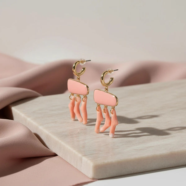 Elephantina.gr coral drop earrings with peach enamel and gold hoops. Unique handmade statement jewelry.