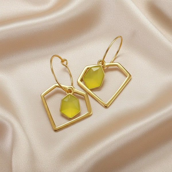 elephantina.gr gold geometric hoop earrings with yellow enamel gemstone, 3cm length