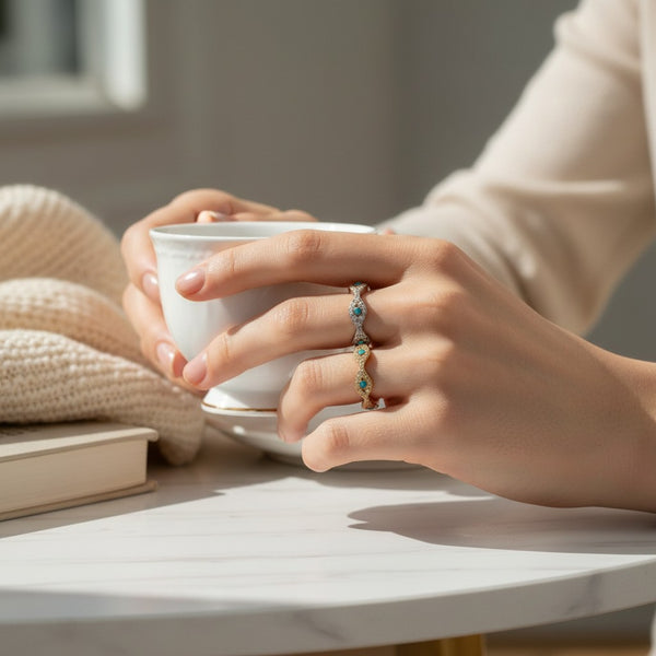 elephantina.gr silver and gold wave rings with teal accents and pavé crystals worn by a woman holding a teacup.