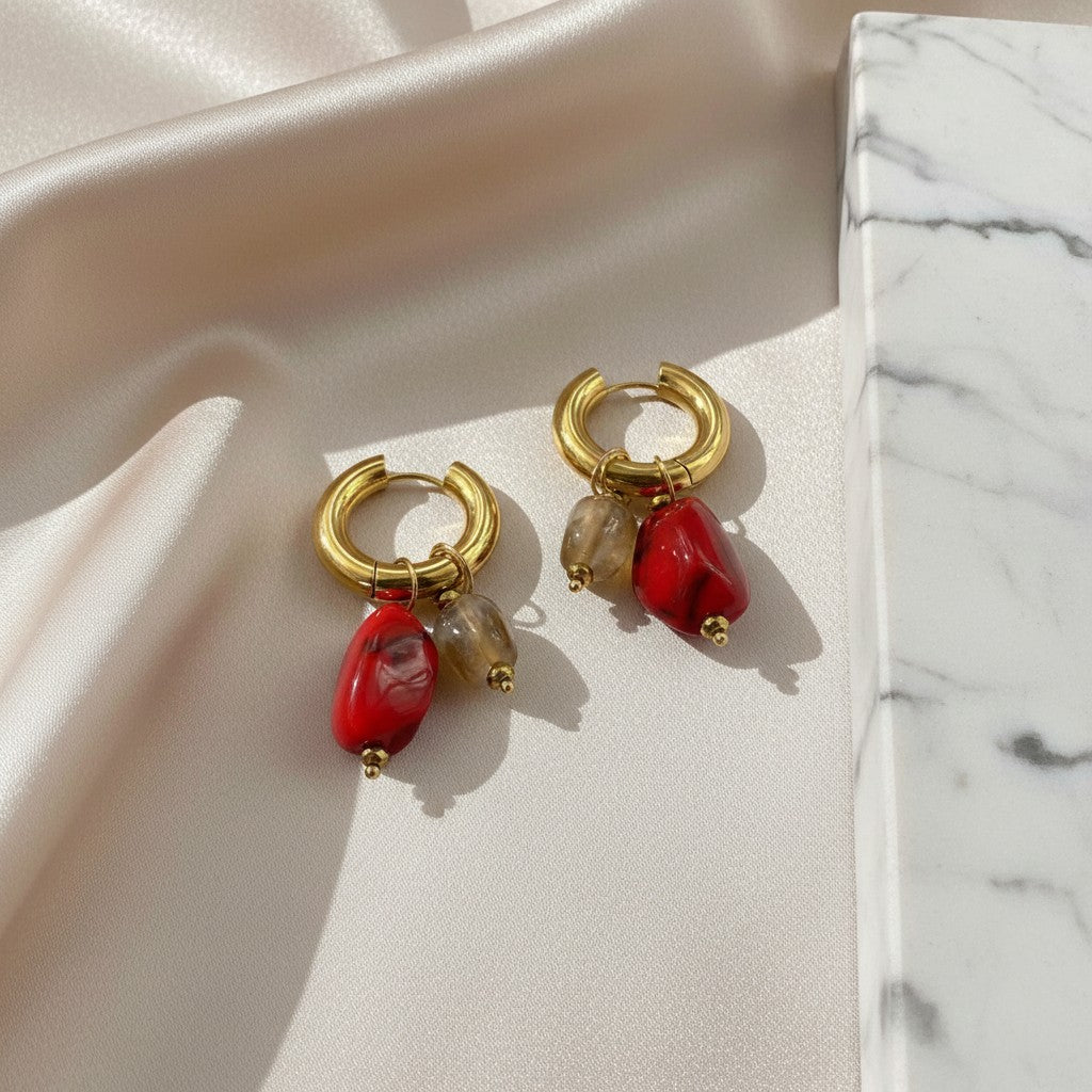 Elephantina.gr gold hoop earrings with red and caramel resin beads. Stainless steel, 3.5cm.