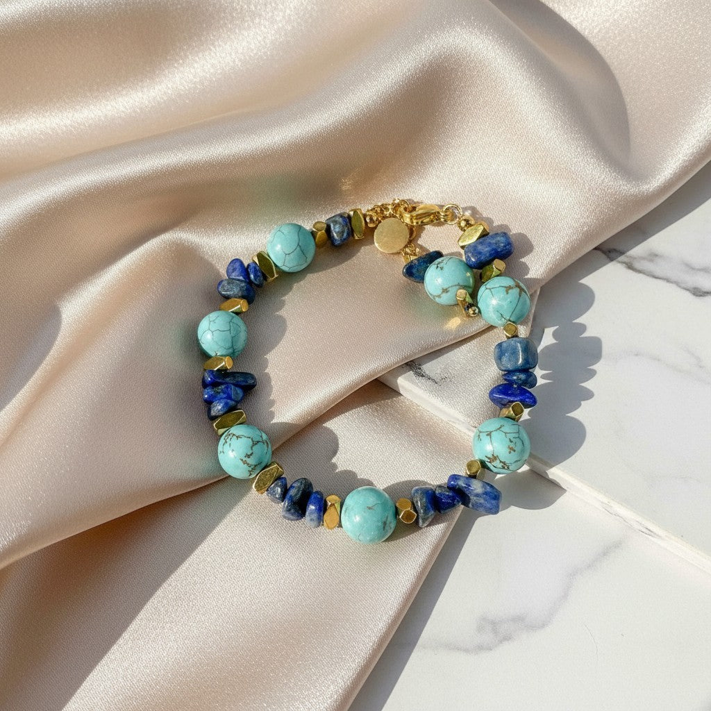 Elephantina.gr bracelet with lapis lazuli chips, turquoise magnesite beads, and gold hematite accents. Adjustable length.