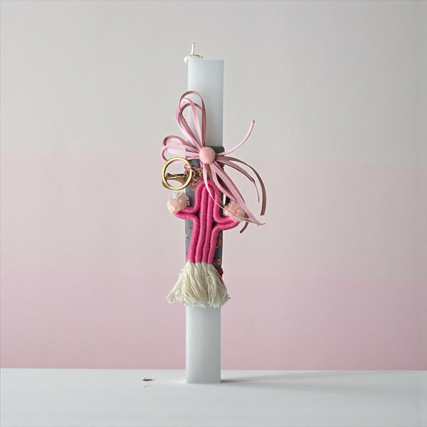 Πασχαλινή Λαμπάδα με Ροζ Υφασμάτινο Κάκτο Μπρελόκ