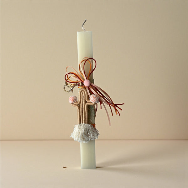 Πασχαλινή Λαμπάδα με Μπεζ Υφασμάτινο Κάκτο Μπρελόκ