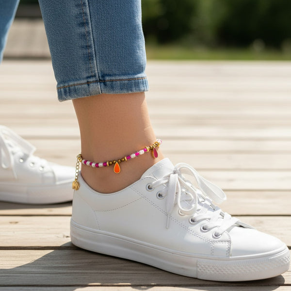 Elephantina.gr handmade anklet with pearls, pink beads, hematite, and gold-plated enamel drops. Adjustable length.
