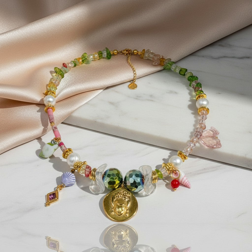 Elephantina.gr gold-plated Frida pendant necklace with colorful beads, pearls, crystals, and charms.