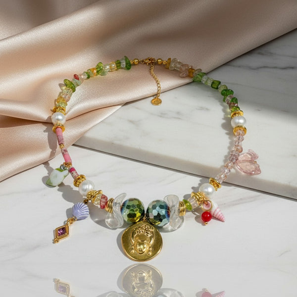 Elephantina.gr gold-plated Frida pendant necklace with colorful beads, pearls, crystals, and charms.