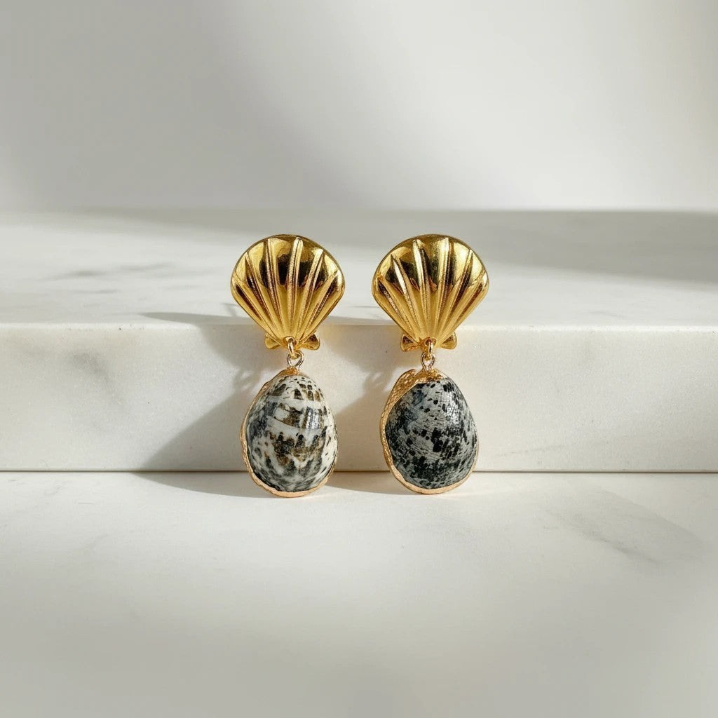 elephantina.gr gold seashell drop earrings with natural shell pendant, 5.5cm length