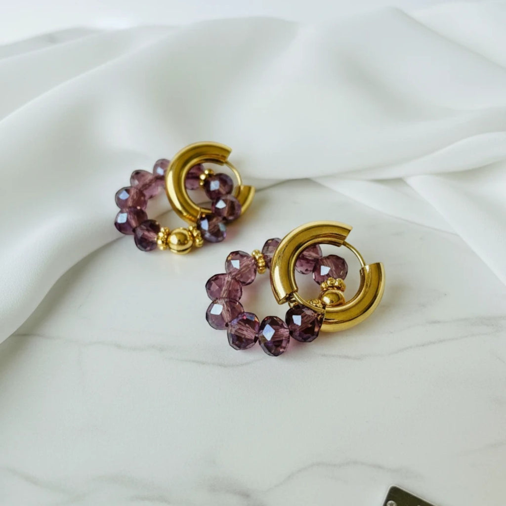 elephantina.gr gold plated steel hoop earrings with purple crystals and gold elements, 2.30cm x 3.00cm