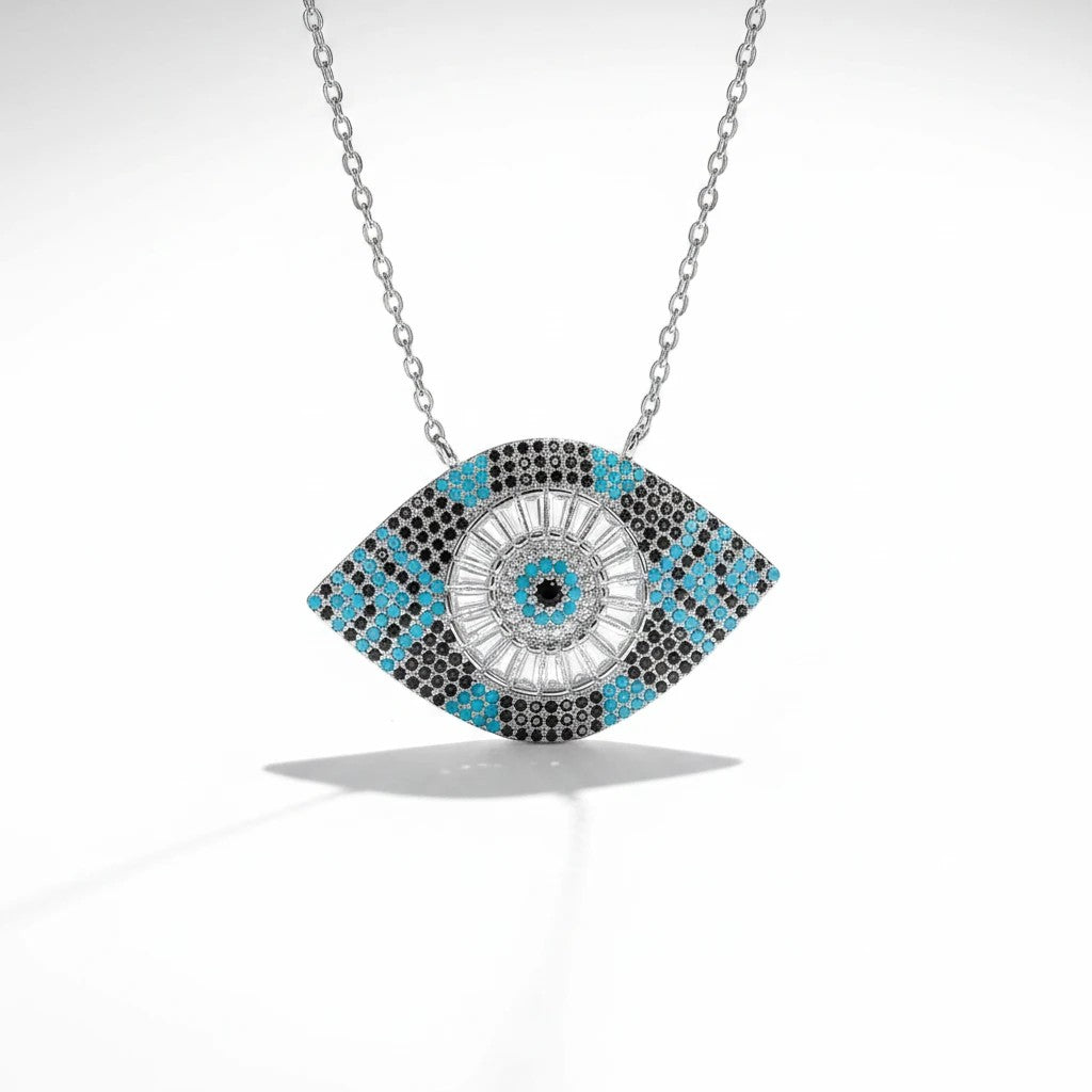 elephantina.gr silver evil eye necklace with turquoise and black zircon details, crafted from steel.