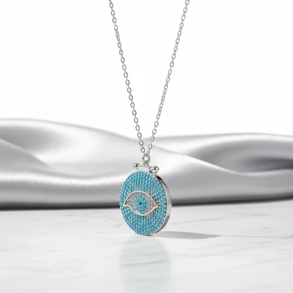 elephantina.gr silver necklace with round blue evil eye pendant adorned with white crystals