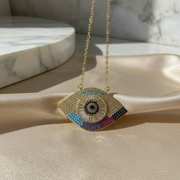 Elephantina.gr gold plated steel evil eye necklace with colorful zircon details. Symbol of protection and positive energy.