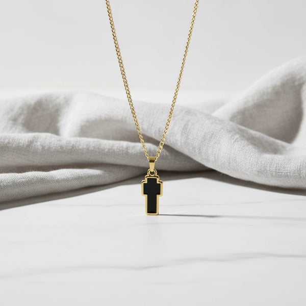 elephantina.gr gold plated stainless steel necklace with black enamel cross pendant, 40cm chain with 5cm extension.