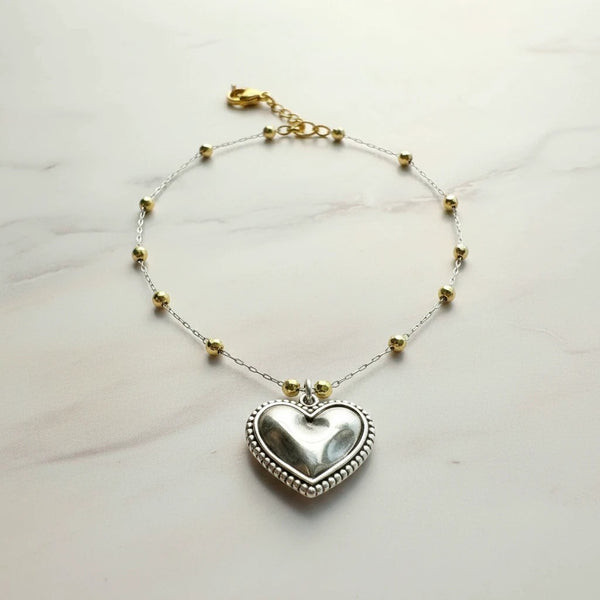 elephantina.gr silver heart pendant necklace with gold beads on a silver chain, 40cm + 5cm extension